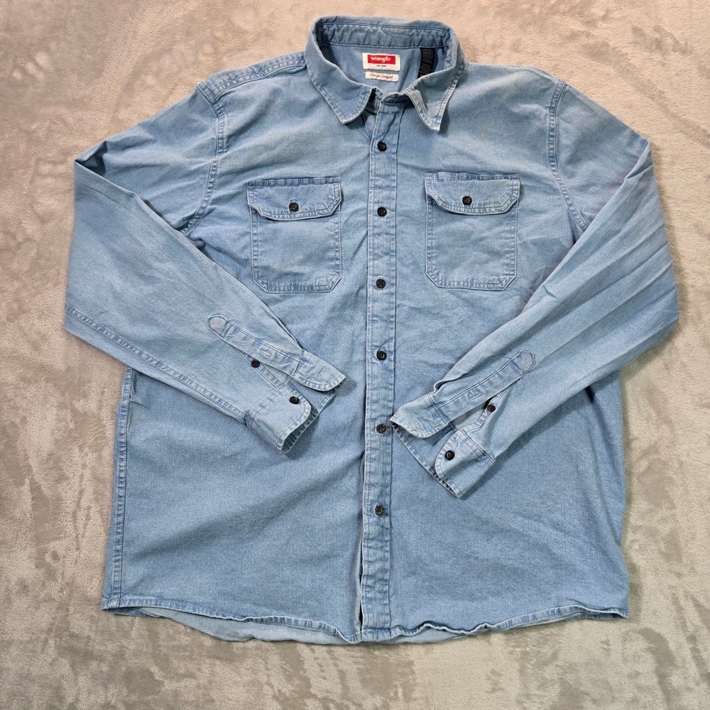 Wrangler Flex for Comfort Mens XL Light Wash Denim Long Sleeve Button Down Shirt